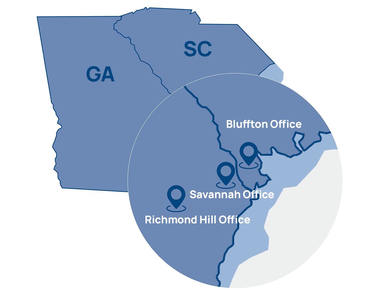 Map of Richmond Hill, Savannah, and Bluffton Law offices